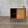 Mid Century Cabinet With White Laminate Top & Two Sliding Doors