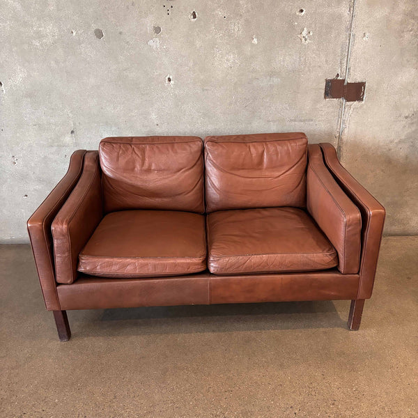 Mid Century Modern Danish Brown Leather Loveseat Couch