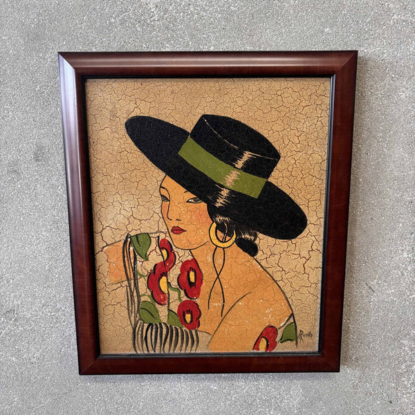 Crackle Portrait Painting of Spanish Woman by A. Ruelle, 1930s