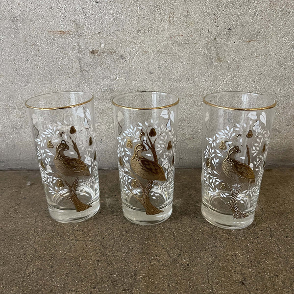 Set of Three Mid Century Libbey Partridge Pear Tree Gold Embosses Glasses