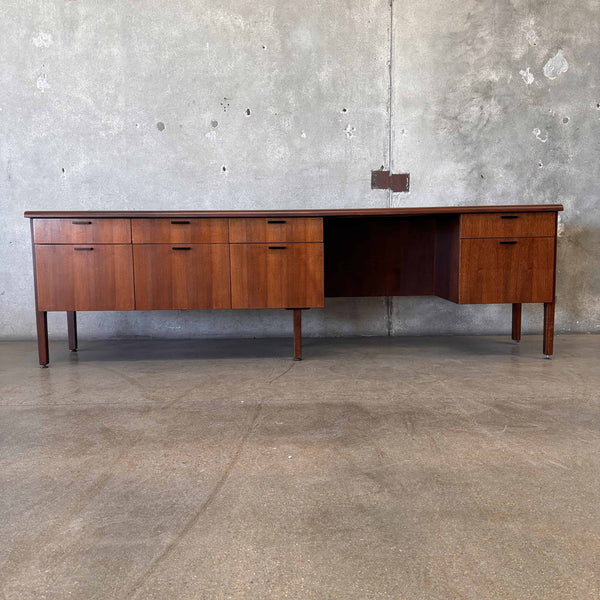 Mid Century Modern Eight Foot Walnut Desk With Eight Drawers