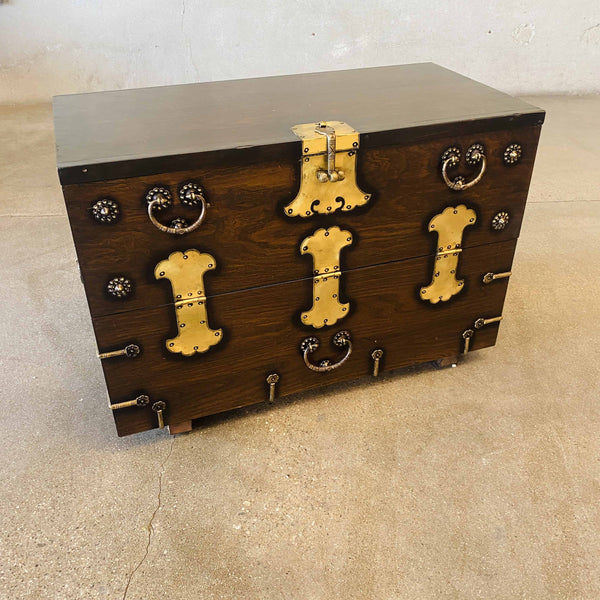 Vintage Korean Wood & Brass Storage Chest