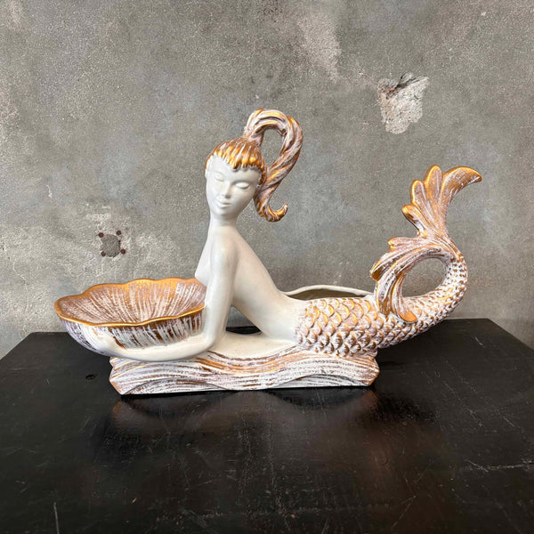 Mermaid Pottery Planter / Dish Gold w/ White by Royal Haeger Circa 1950's