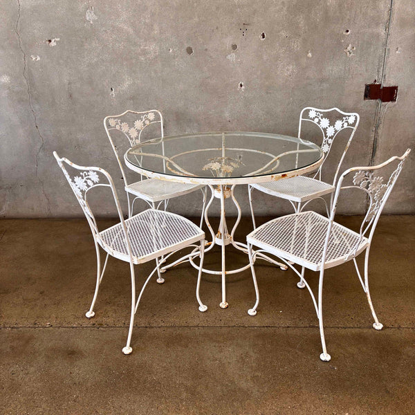 1970s Flower Detail Five Piece Iron Patio Table With Four Chairs