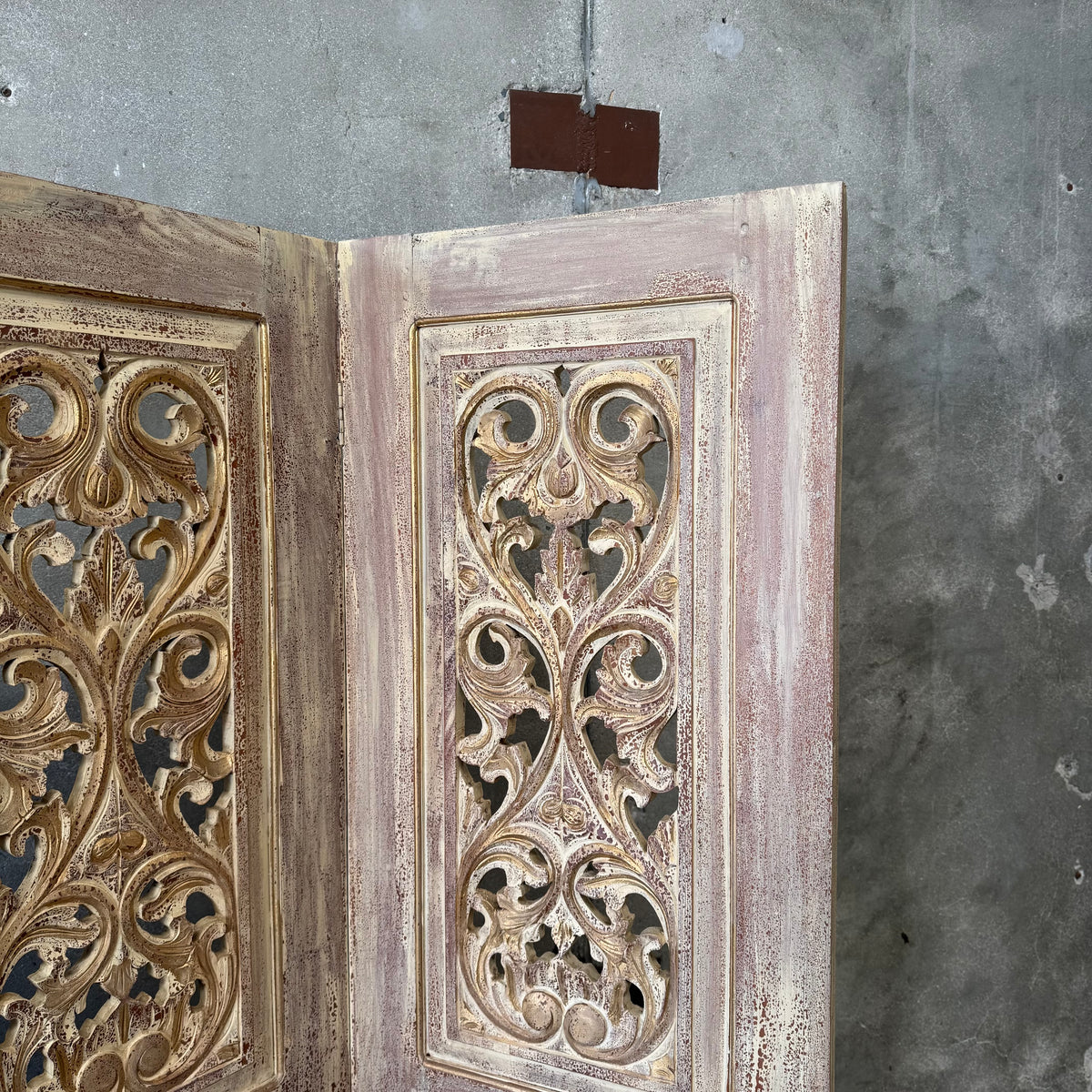 Three Panel Carved & Painted Wood Screen