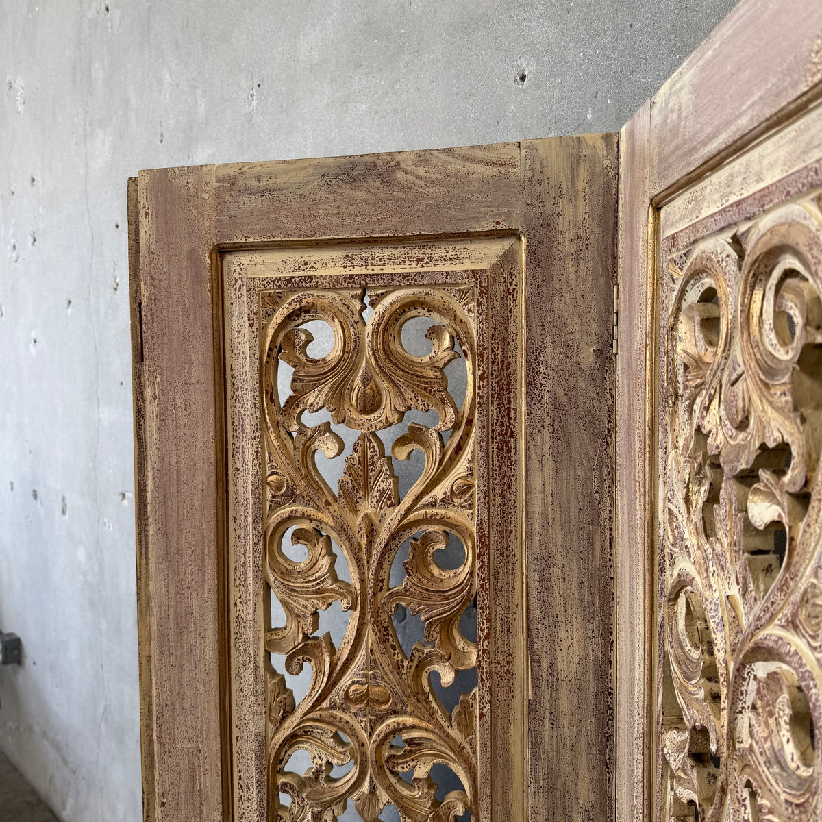 Three Panel Carved & Painted Wood Screen