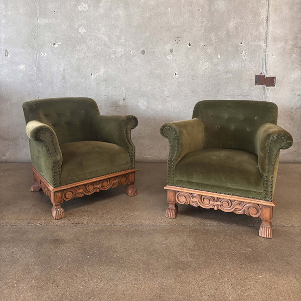 Pair Of Art Deco Brushed Velvet Club Chairs With Wood Claw Feet