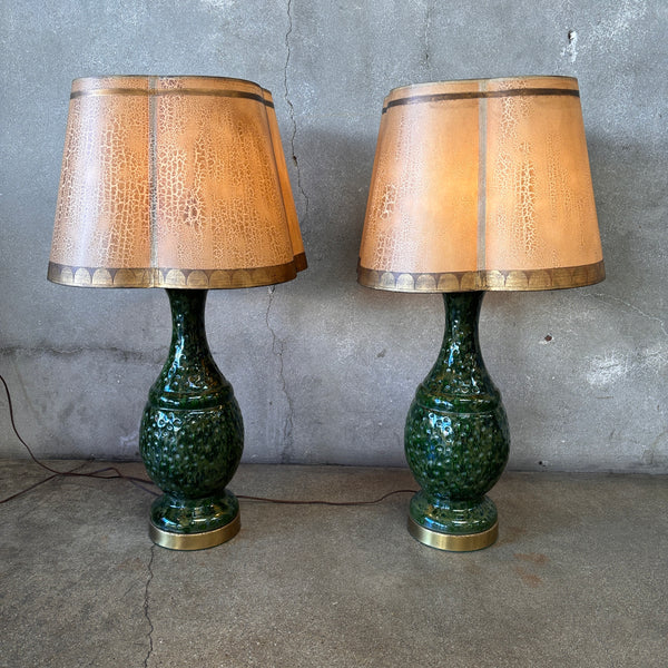 Pair of Vintage Mid Century Modern 1960's Green Pottery Table Lamps