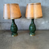 Pair of Vintage Mid Century Modern 1960's Green Pottery Table Lamps