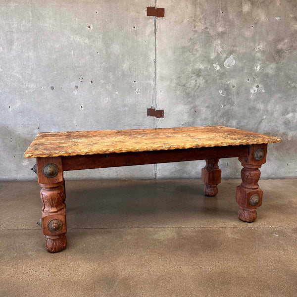 Antique South Western Spanish Stone & Wood Dining Table With Bronze Accents