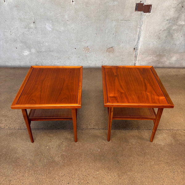 Vintage Drexel Set of Two Walnut Side Tables with Cane Inlays