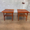 Vintage Drexel Set of Two Walnut Side Tables with Cane Inlays