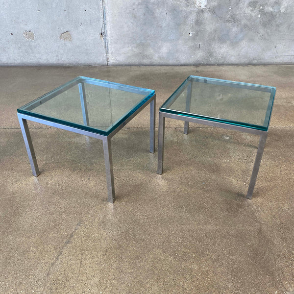 Pair of Mid Century Milo Baughman Style Side Tables Chrome & Glass