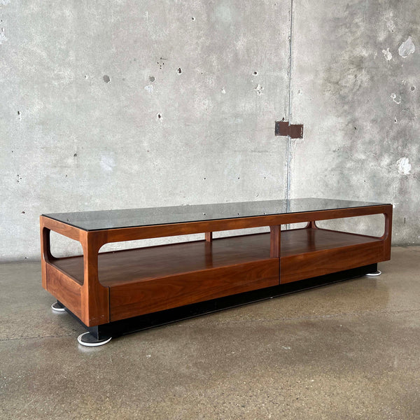 Brown Saltman Rectangular Walnut Coffee Table for John Keal With Smoked Glass