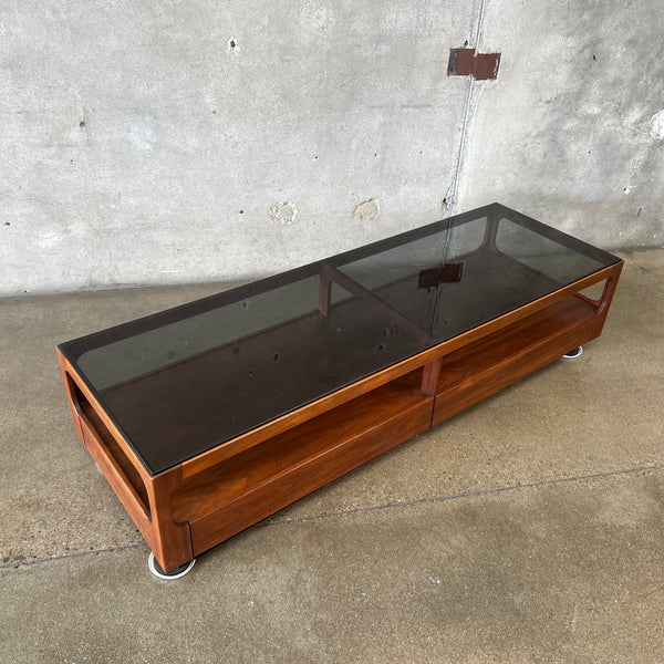 Brown Saltman Rectangular Walnut Coffee Table for John Keal With Smoked Glass