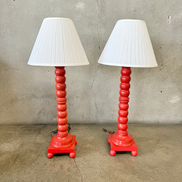 Pair Mid Century Red Turned Wood Chinoiserie Table Lamps