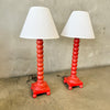 Pair Mid Century Red Turned Wood Chinoiserie Table Lamps