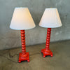 Pair Mid Century Red Turned Wood Chinoiserie Table Lamps