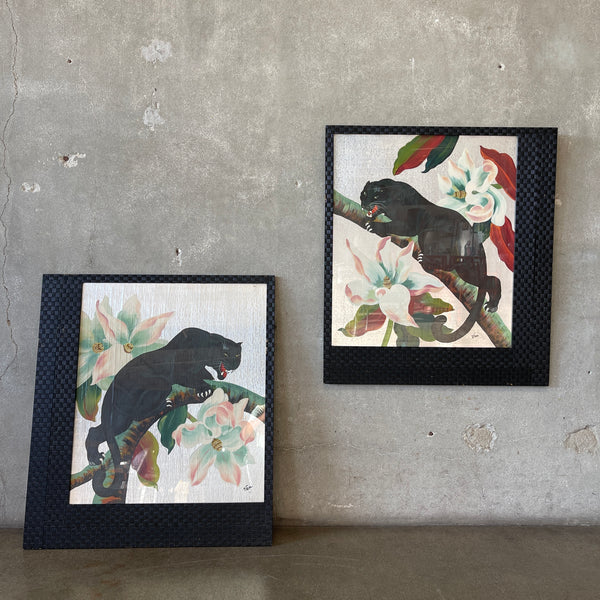 Pair of Vintage Tropical Art Deco Signed Panther Paintings By VAN