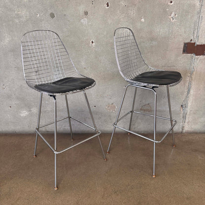 Pair of Herman Miller Eames Wire Stools w/ Black Cushions