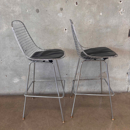 Pair of Herman Miller Eames Wire Stools w/ Black Cushions