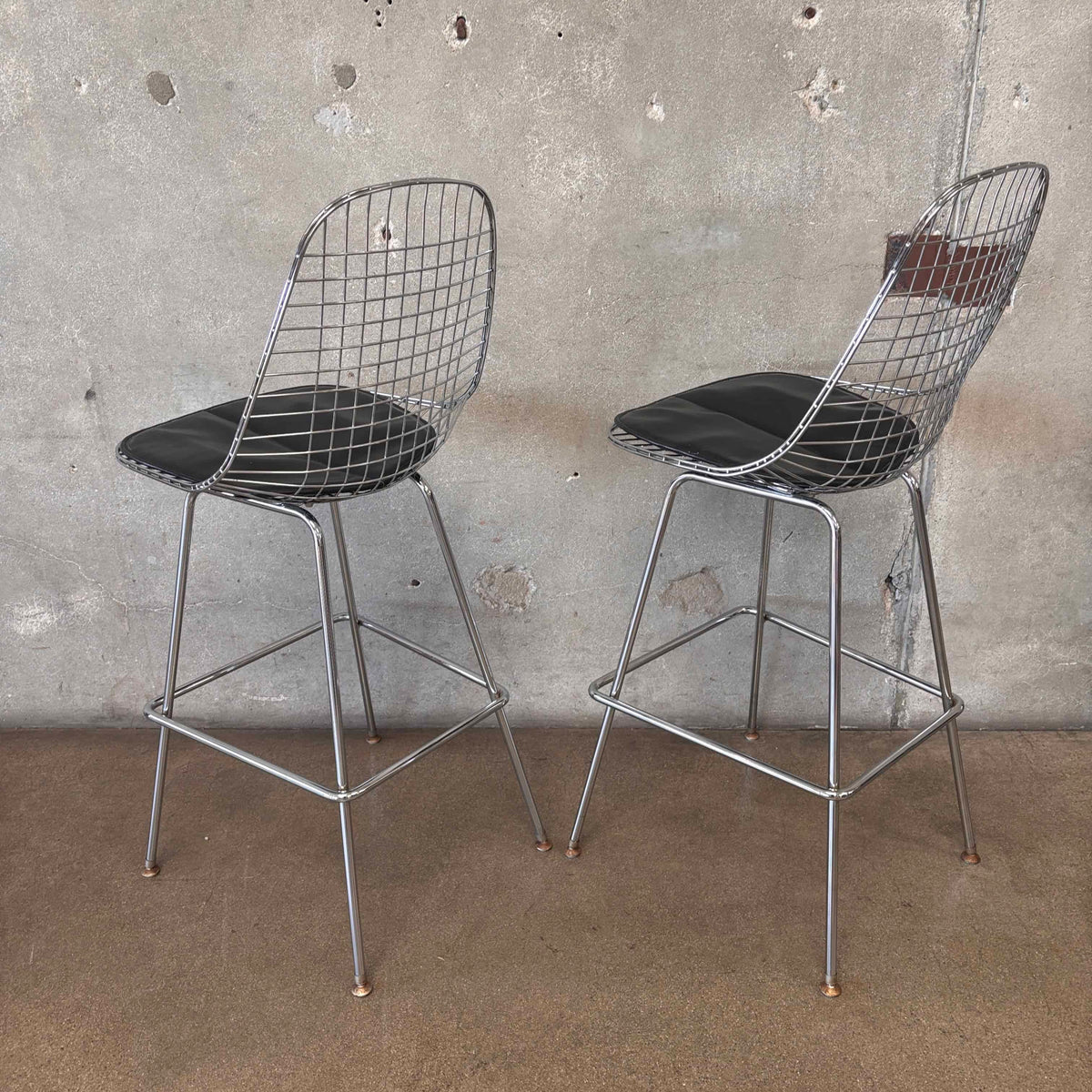 Pair of Herman Miller Eames Wire Stools w/ Black Cushions