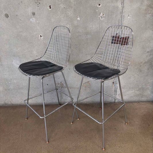 Pair of Herman Miller Eames Wire Stools w/ Black Cushions