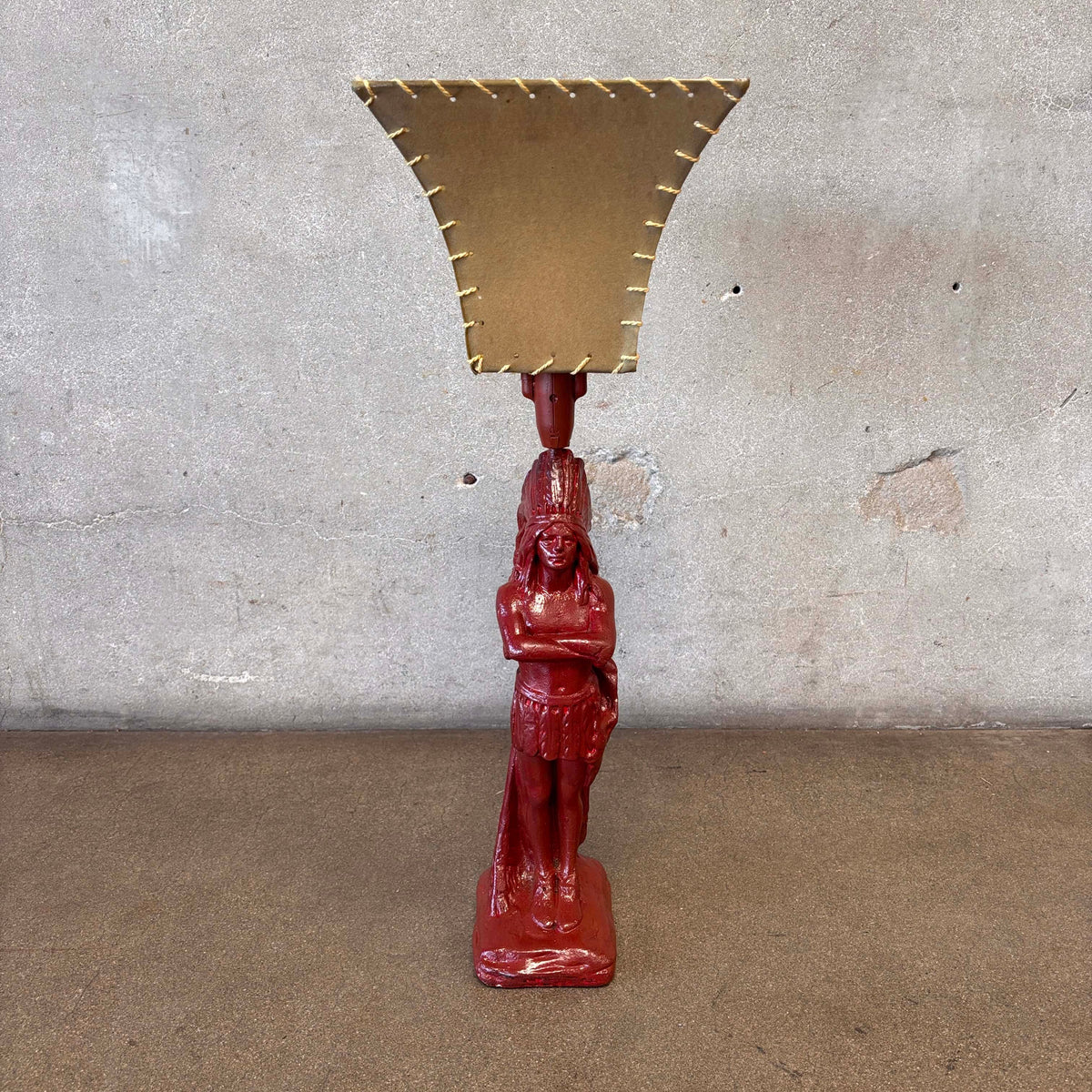 1930s / 40s Chalkware Indian Lamp With Whipstitch Shade - As Is / Needs Wiring