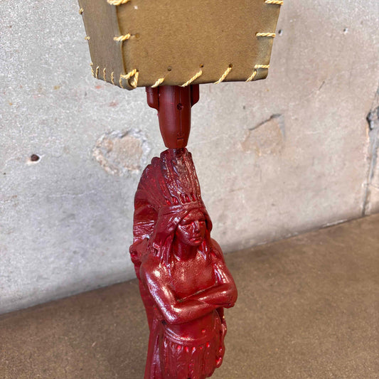 1930s / 40s Chalkware Indian Lamp With Whipstitch Shade - As Is / Needs Wiring
