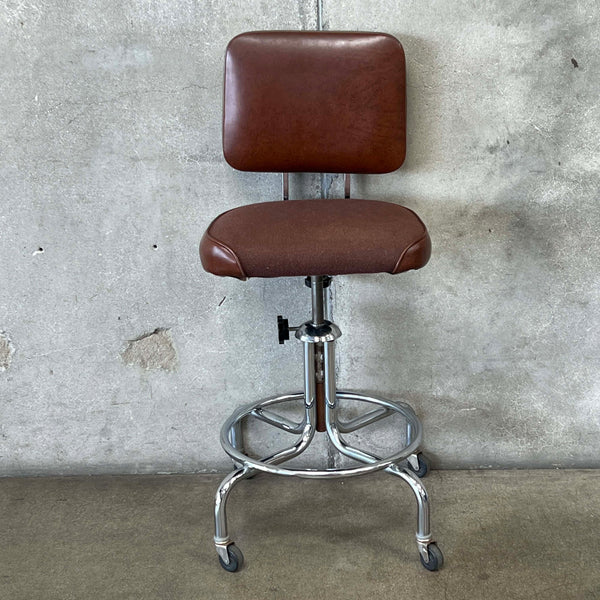 Vintage Industrial Adjustable Stool Chrome & Brown Tweed Fabric & Vinyl
