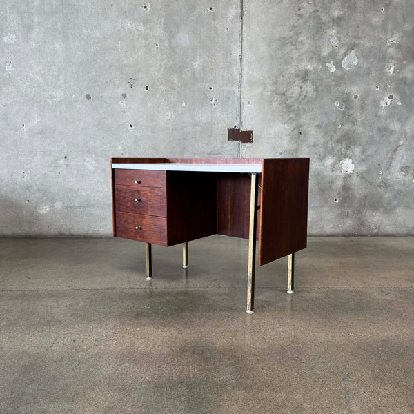 Mid Century Modern Desk In Brass, Walnut, & White Laminate Top