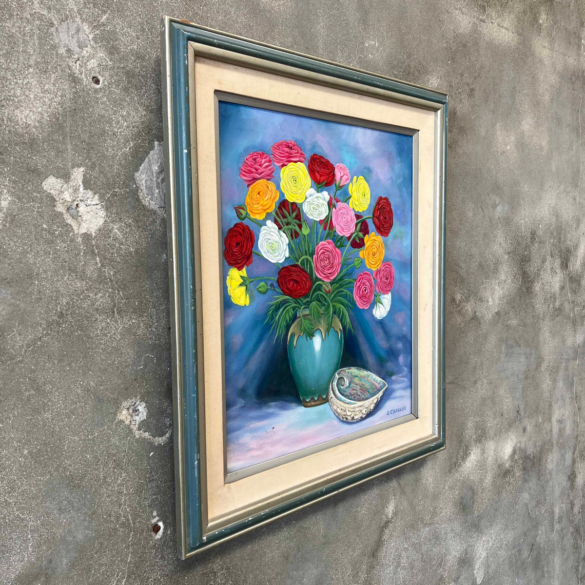 Vintage Still Life Oil Painting On Canvas - Framed Flowers & Abalone Shell