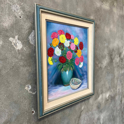 Vintage Still Life Oil Painting On Canvas - Framed Flowers & Abalone Shell