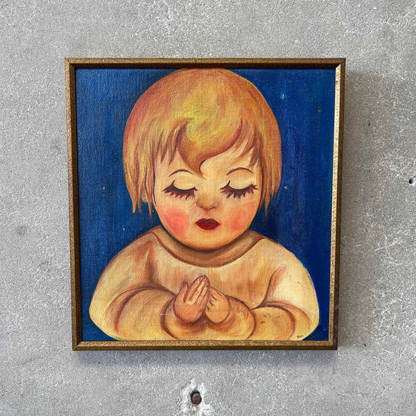 Vintage Oil on Canvas Child Praying Painting