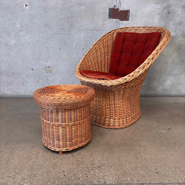 Mid Century Modern Wicker Cahir With Ottoman