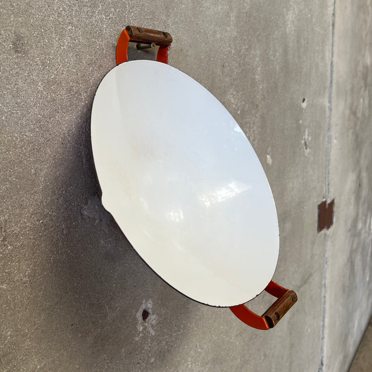 Vintage Orange & White Enameled Metal Paella or Wok