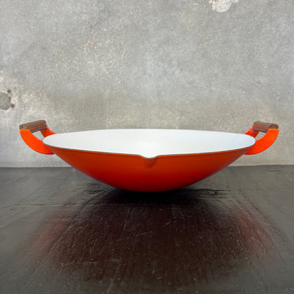 Vintage Orange & White Enameled Metal Paella or Wok