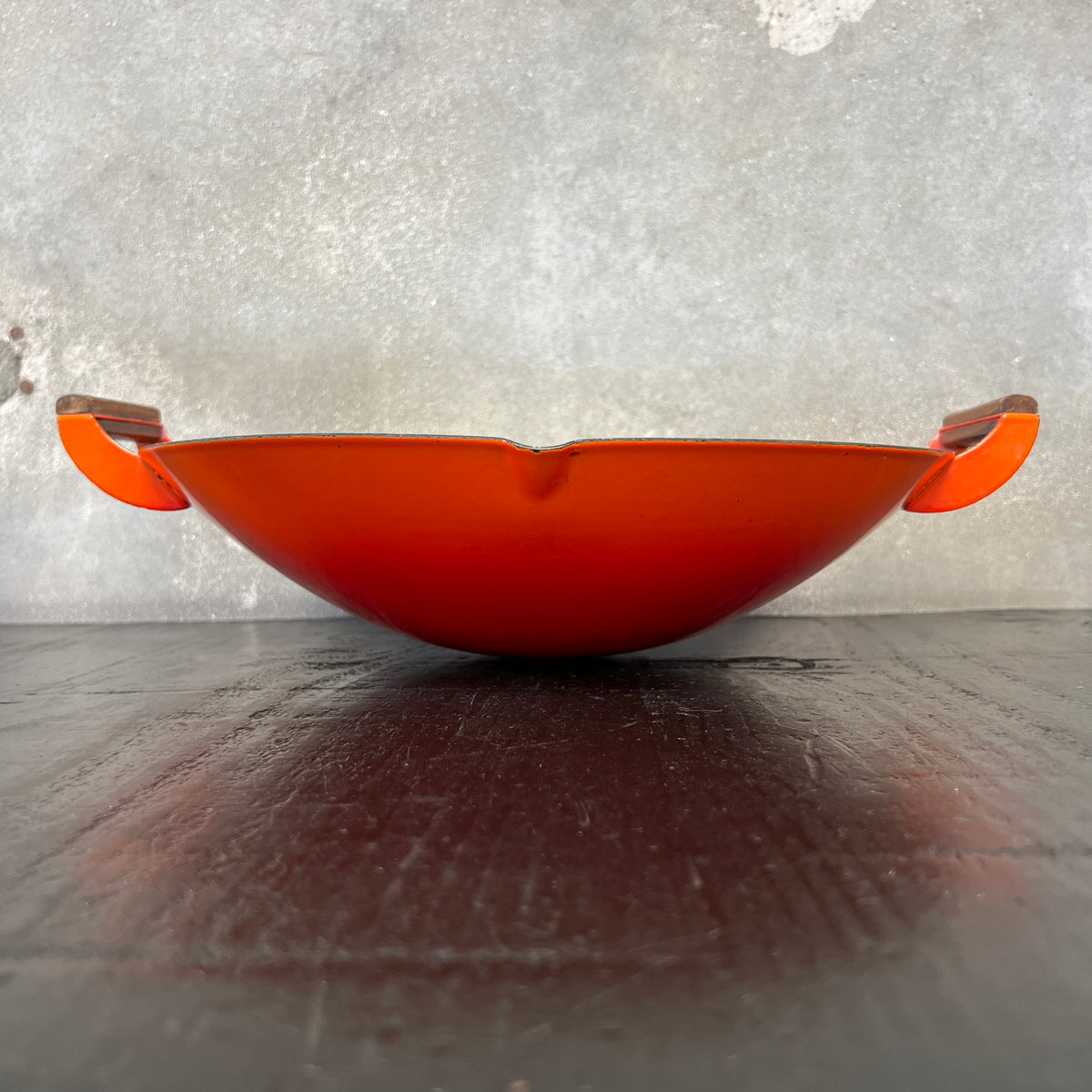 Vintage Orange & White Enameled Metal Paella or Wok