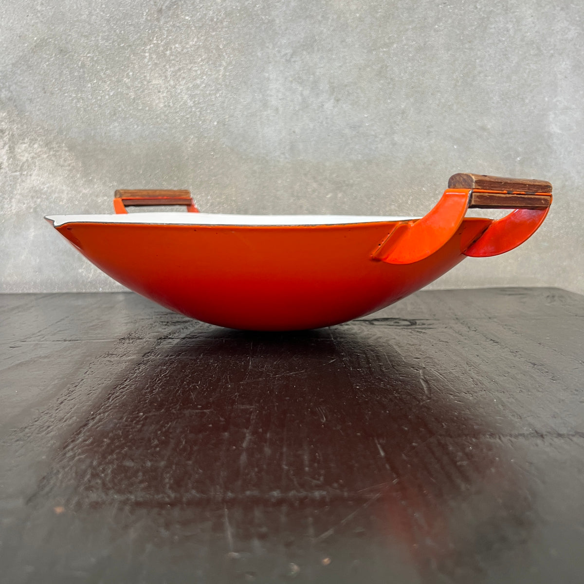 Vintage Orange & White Enameled Metal Paella or Wok