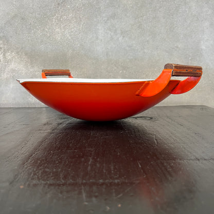 Vintage Orange & White Enameled Metal Paella or Wok