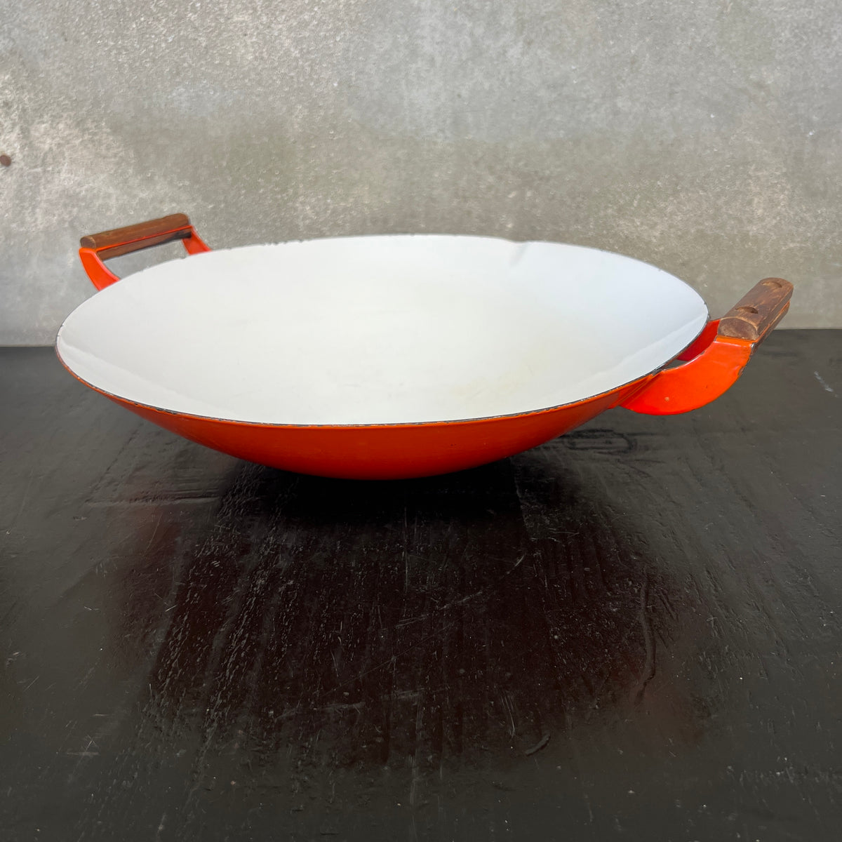 Vintage Orange & White Enameled Metal Paella or Wok