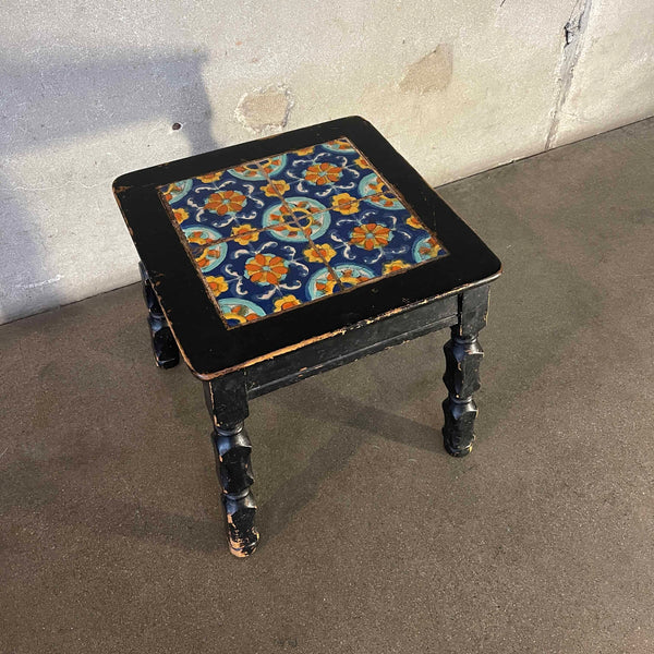 Antique Hispano Mosaic Tile Top Side Table