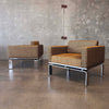 Pair Of 1980's "Milo Baughman Style" Upholstered Chrome Lounge Chairs