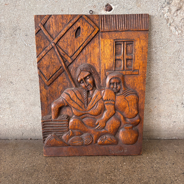 Mexican Vintage Relief Wood Carved Plaque