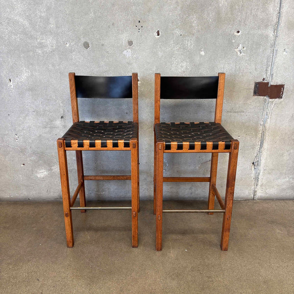 Pair of Glenn of California Leather & Walnut Barstools