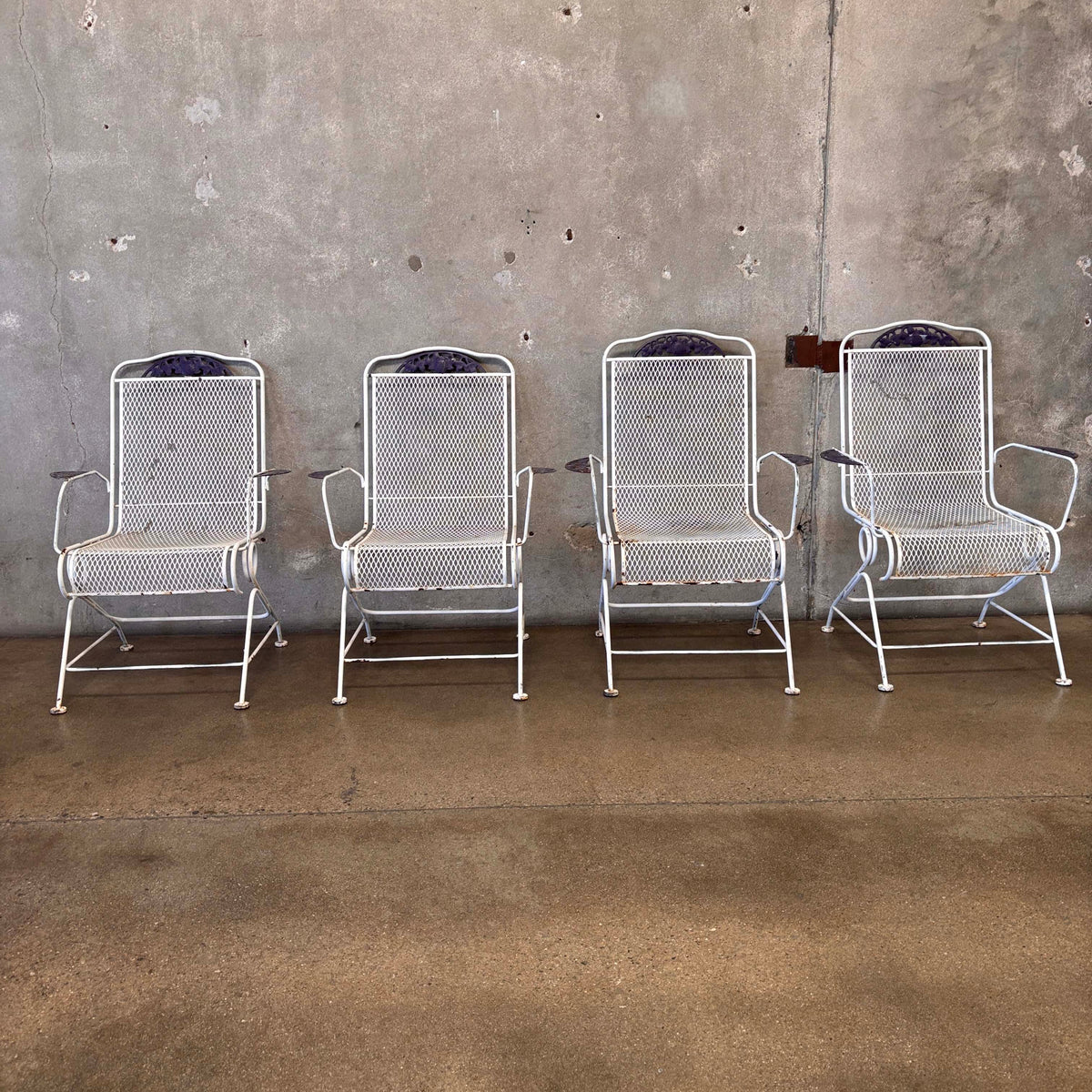 Set of Four Post Modern Iron & Steel Pocking Patio Chairs