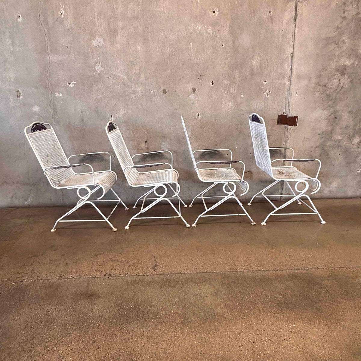 Set of Four Post Modern Iron & Steel Pocking Patio Chairs