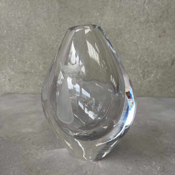 Orrefors Crystal Tear Drop Vase Etched Cat