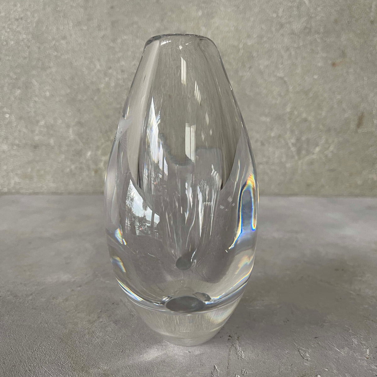 Orrefors Crystal Tear Drop Vase Etched Cat