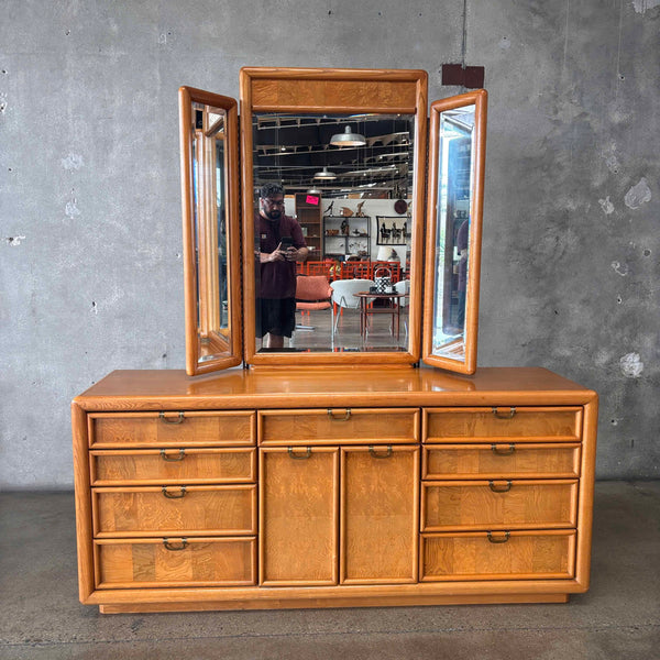 Vintage Broyhill Premier Oak & Burlwood Dresser & Trifold Mirror